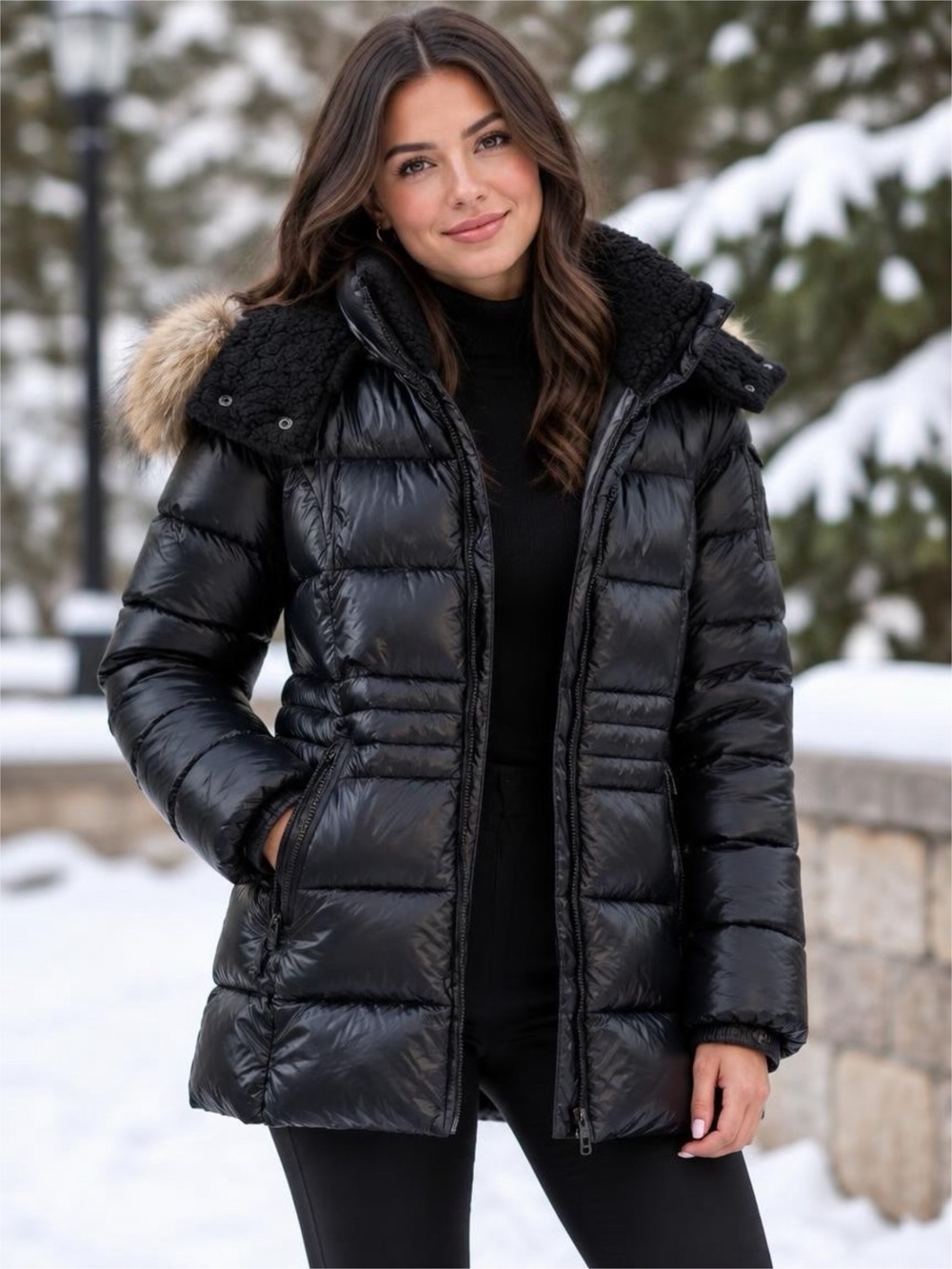 Steve Madden Black Shiny Quilted Puffer Coat with Faux Fur Hood